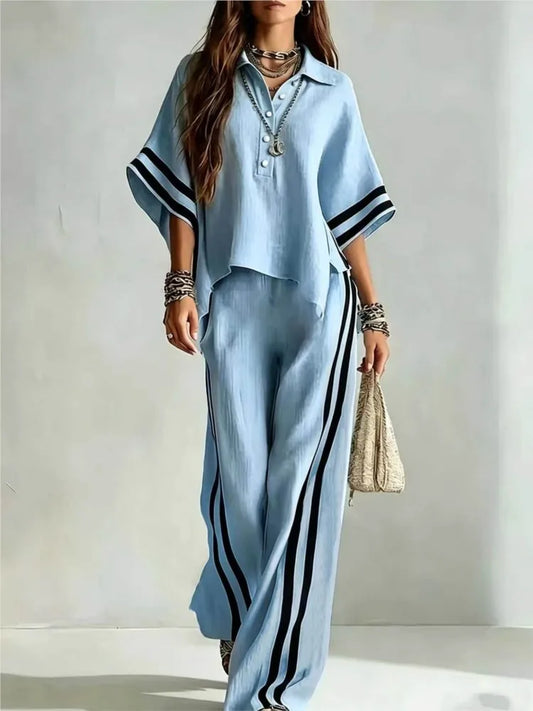 Spring Summer Women Short Sleeve Lapel Shirts Tops + Loose Striped Pants Female Casual Two-piece Clothing Set Casual Holiday Set