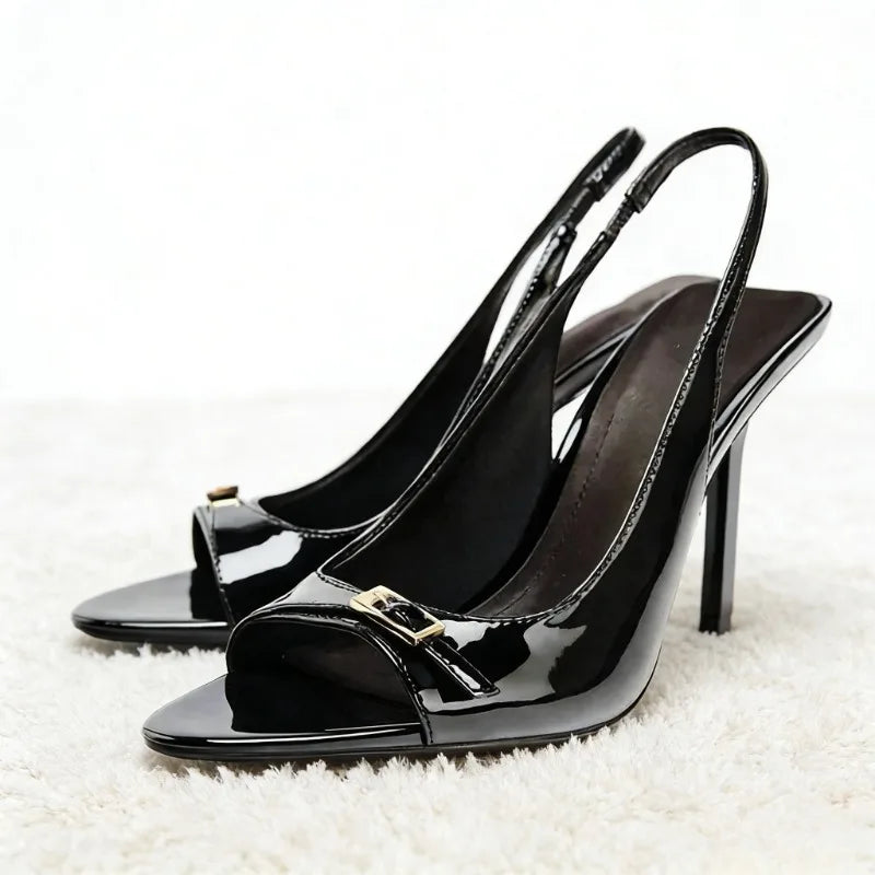 Metal Buckle Belt Peep Toe Heeled Sandals Women Sexy Patent Leather Back Strap Thin High Heels Elegant Dress Gladiator Sandalias