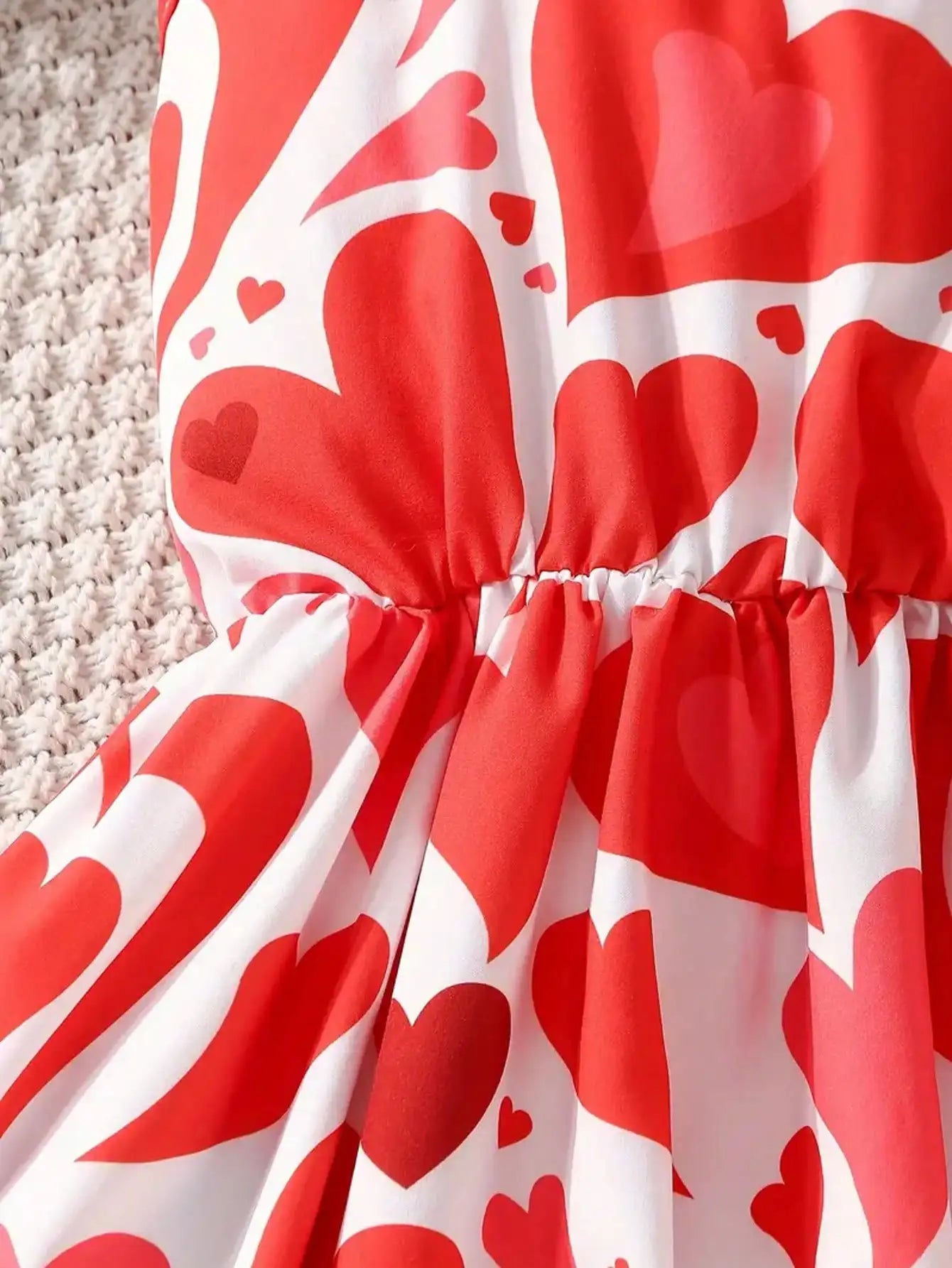 Summer Casual Style Girls' Heart-Shaped Printed Round Neck Sleeveless Camisole Dress, Mid Length Skirt