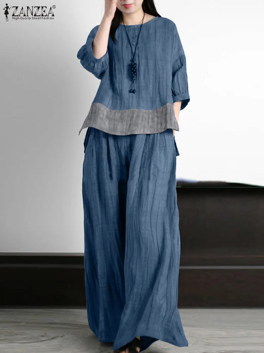 ZANZEA Summer Vintage Matching Sets 2PCS 3/4 Sleeve O-Neck Blouse Wide Leg Pants Woman Stylish Patchwork Suit Casual OL Outifits