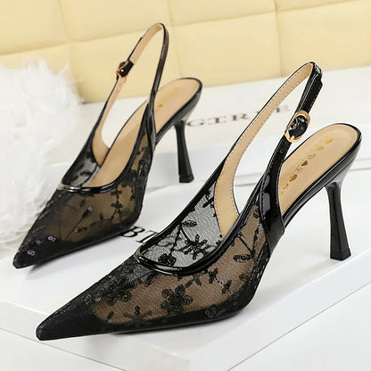 Luxury Women 8 Cm Heels Sandals Women Pumps Lace Mesh High Heels Sequin Stiletto Sexy Party Shoes Summer Ladies Sandals Fashion