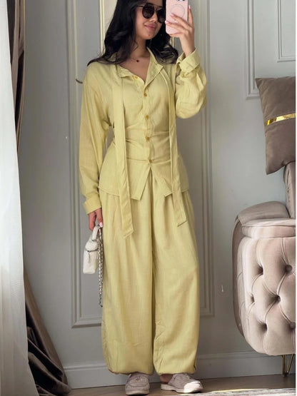 DFDG Women 2026 Spring Summer Two Piece Outfit Collared Neck Tie Waist Shirt High Waist Lantern Pants Casual Loungewear Set