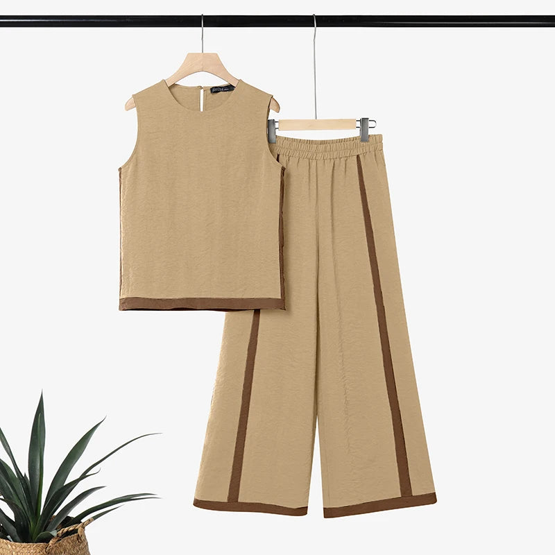 Stylish Summer 2 Pieces Oufits ZANZEA Women Color-Blocking Tracksuit Casual O Neck Sleeveless Tanks Tops Wide Leg Pant Sets 2026