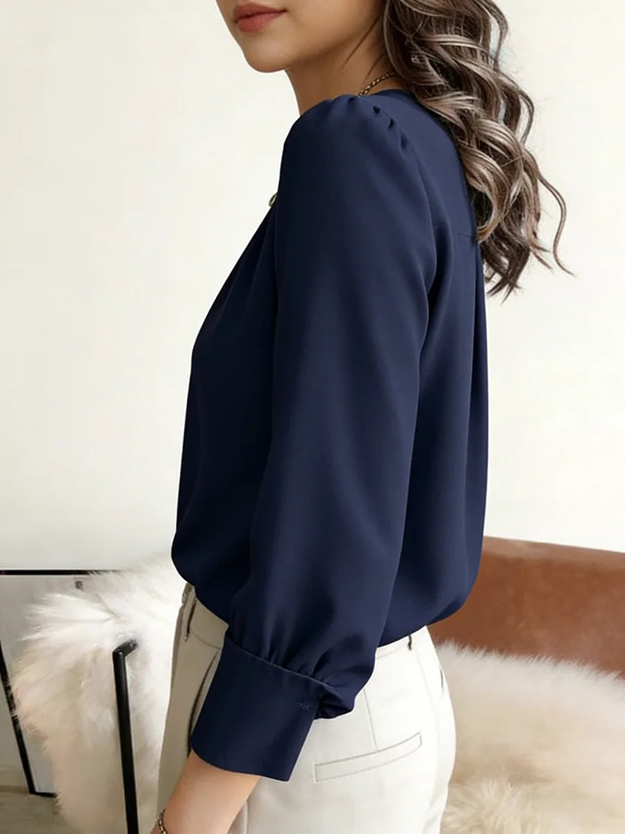 Women's Blouse Round Neck Long Sleeve Tops Solid Pleated Loose Tops Elegant Blouse Spring Summer Casual Blouse Office Light Tops