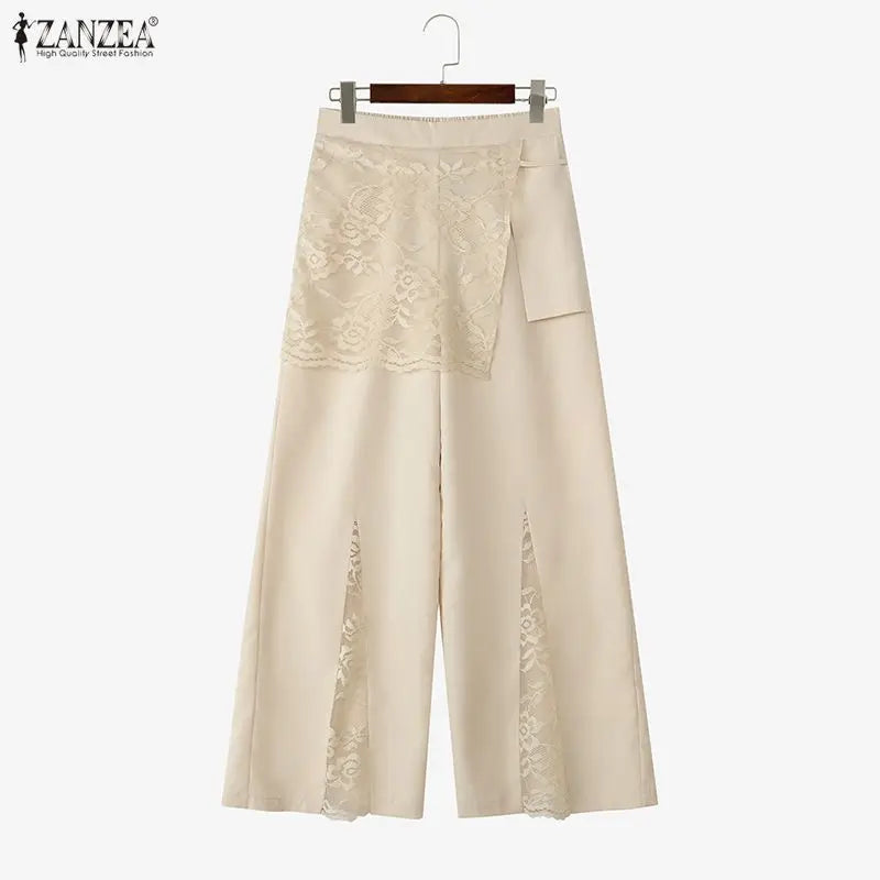 ZANZEA Women Wide Leg Pants Fashion Lace Patchwork Pant Casual Loose Long Trousers Elastic Waist Streetwear Oversized