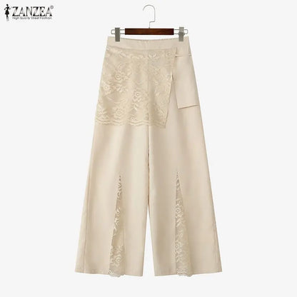 ZANZEA Women Wide Leg Pants Fashion Lace Patchwork Pant Casual Loose Long Trousers Elastic Waist Streetwear Oversized
