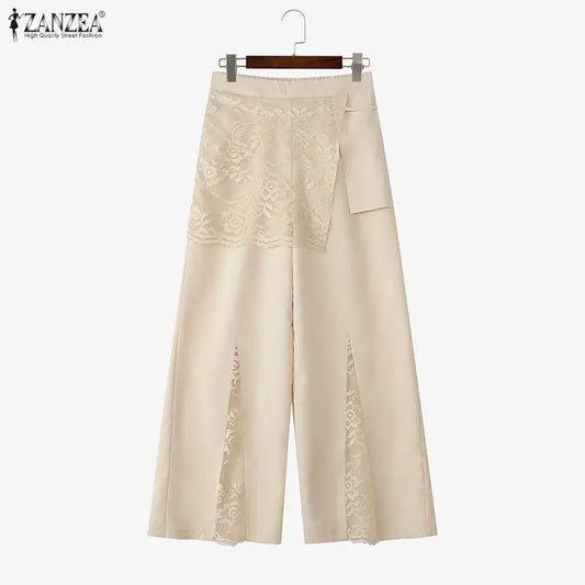 ZANZEA Women Wide Leg Pants Fashion Lace Patchwork Pant Casual Loose Long Trousers Elastic Waist Streetwear Oversized