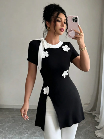 Black White Bow Tie Tunic Top - Elegant V-Neck Slim Fit Short Sleeve A-Line Blouse for Office, Casual & Daily Wear