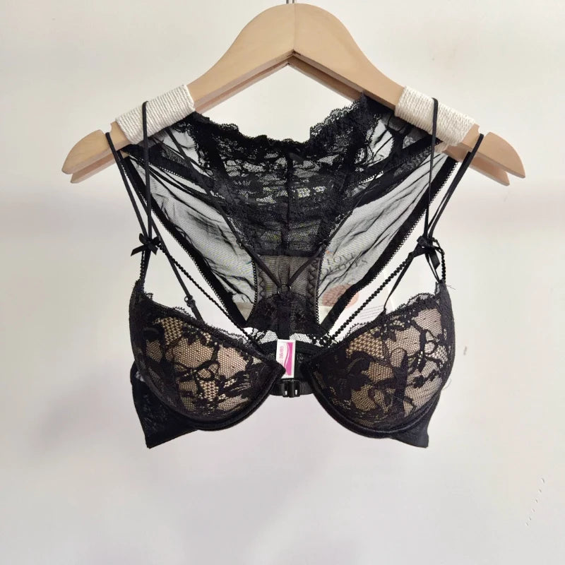 Minimal Romantic Coquette Lace Front Clasp Bra Set Wirefree Ultra Thin Straps Beauty Back Small Bust Create Curvy Lookr MOYISU