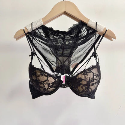 Minimal Romantic Coquette Lace Front Clasp Bra Set Wirefree Ultra Thin Straps Beauty Back Small Bust Create Curvy Lookr MOYISU