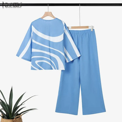 ZANZEA Summer Casual Daily Printing Pant Suits Woman Wide-Leg Pants & 3/4 Sleeve O-Neck Shirts 2 Piece Sets Women's Outfits 3XL