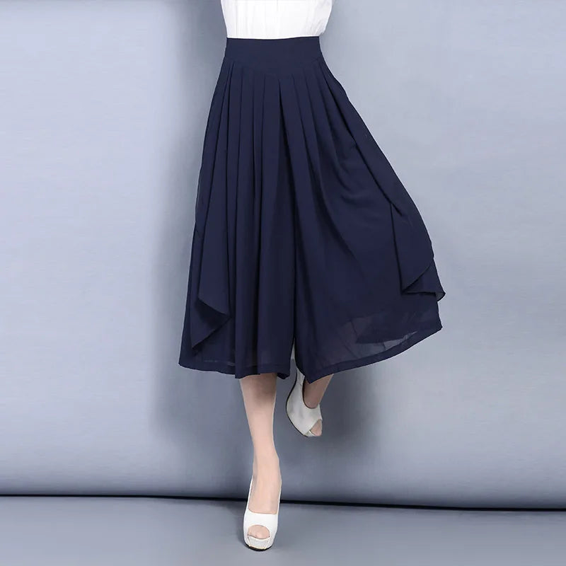 Women's Chiffon Wide-leg Pants for Spring and Summer—lightweight, High-waisted Culottes Available in Red,Green,Black,Blue,Camel.