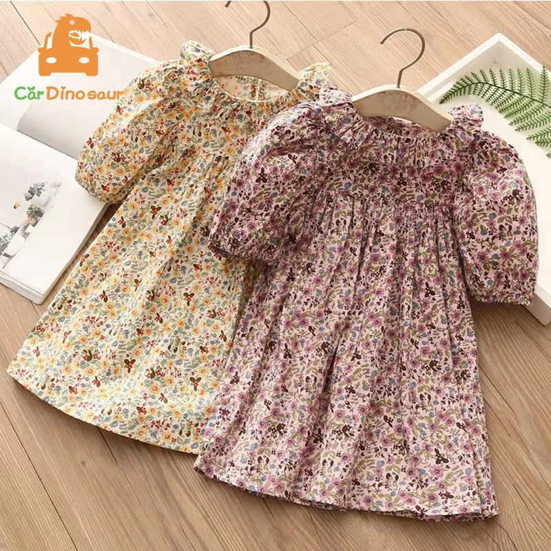 2025 New Fashion Summer 2 3 4 6 8 10 12 Years Children Short Sleeve Full Print Floral Flower Cotton Dresses For Baby Kids Girls