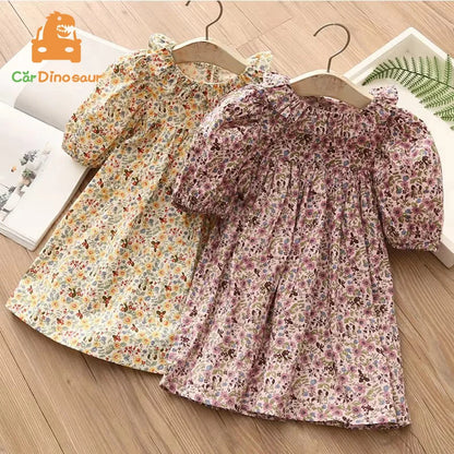 2025 New Fashion Summer 2 3 4 6 8 10 12 Years Children Short Sleeve Full Print Floral Flower Cotton Dresses For Baby Kids Girls