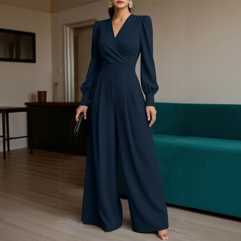 ZANZEA Women's Elegant Wrap V-Neck Jumpsuits Long Sleeve Cinch Waist Solid Color Wide Leg Pant Overalls Woman Fashion Jumpsuit