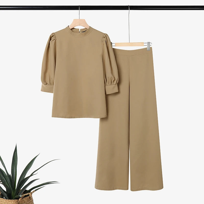 2026 Fashion Summer Pant Sets ZANZEA Stand Neck Short Sleeve Blouse Wide Leg Trousers Suit Women OL Work Outfits 2 Pieces Sets