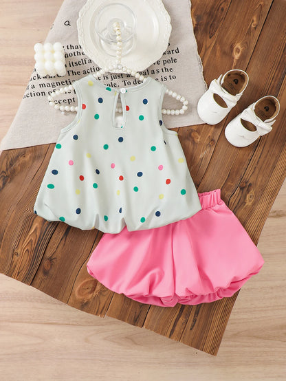 Baby Girl's Colorful Polka Dot Print Sleeveless Bloomer Top with Butterfly Knot And Pink Bloomer Shorts Summer Cute Style Set