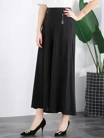 High Waist Drapey Wide Leg Skirt Pants Loose Fit Thin Summer plus Size Slimming Nine Point Pants for Middle-Aged And Elderly ...