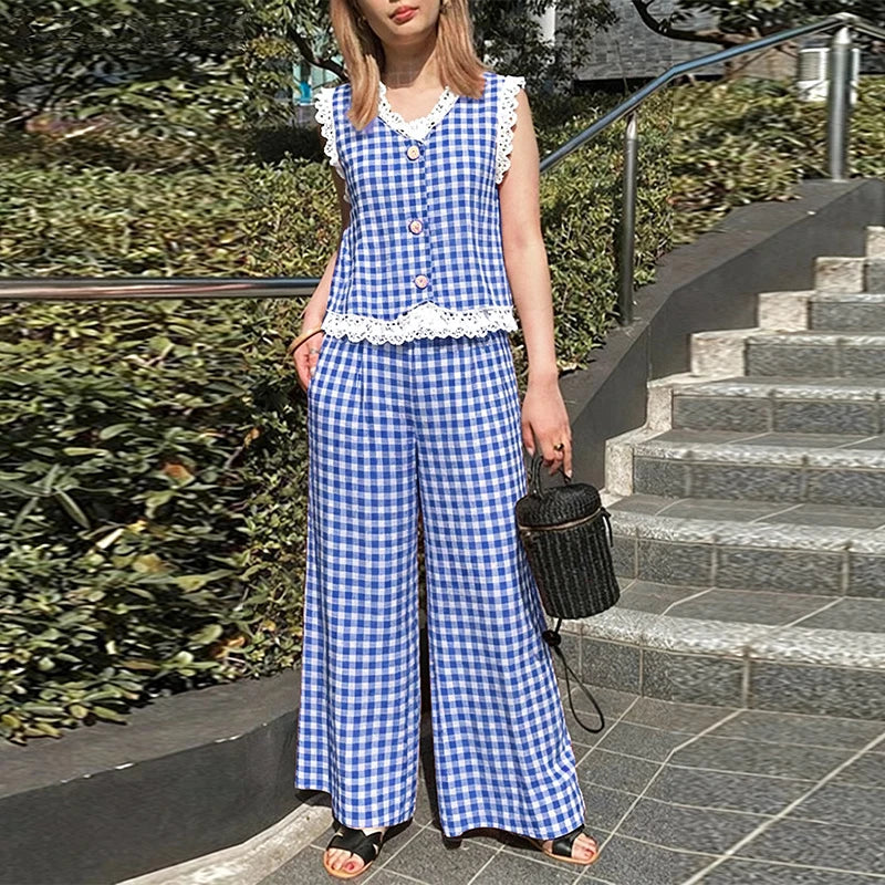 ZANZEA Women's Vintage Casual Pant Sets Wide-Leg Pant & Lace Trim Vests Tops Gingham 2 Pieces Sets Summer Pant Suits Outfits