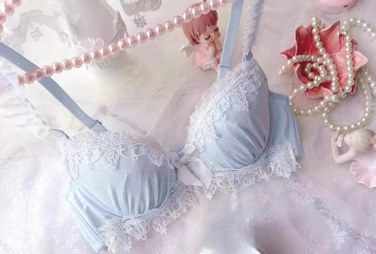 UK Trending! MOYISU Kawaii Lolita Bra Set Full Cup G Heavy Underwire Support Heavy Lace Thin Cup Pure Sexy Teen Lingerie Summer