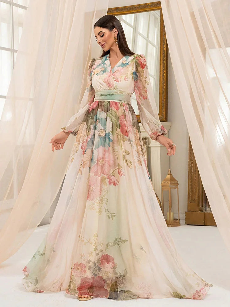 TOLEEN 2025 New Women's Cross Fashion Casual V-Neck Lantern Sleeve Random Flower Print Formal Elegant Party Long Maxi Dresses