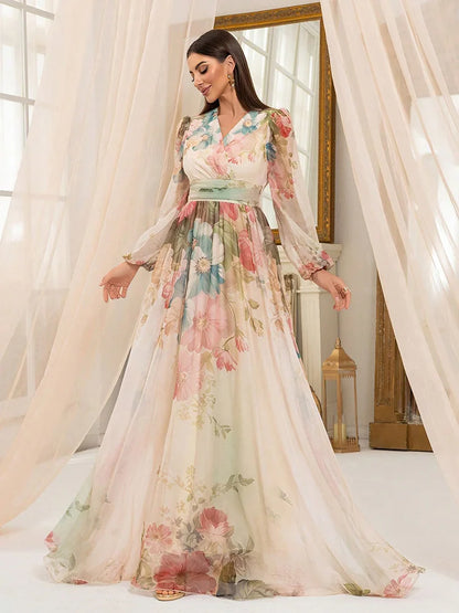 TOLEEN 2025 New Women's Cross Fashion Casual V-Neck Lantern Sleeve Random Flower Print Formal Elegant Party Long Maxi Dresses