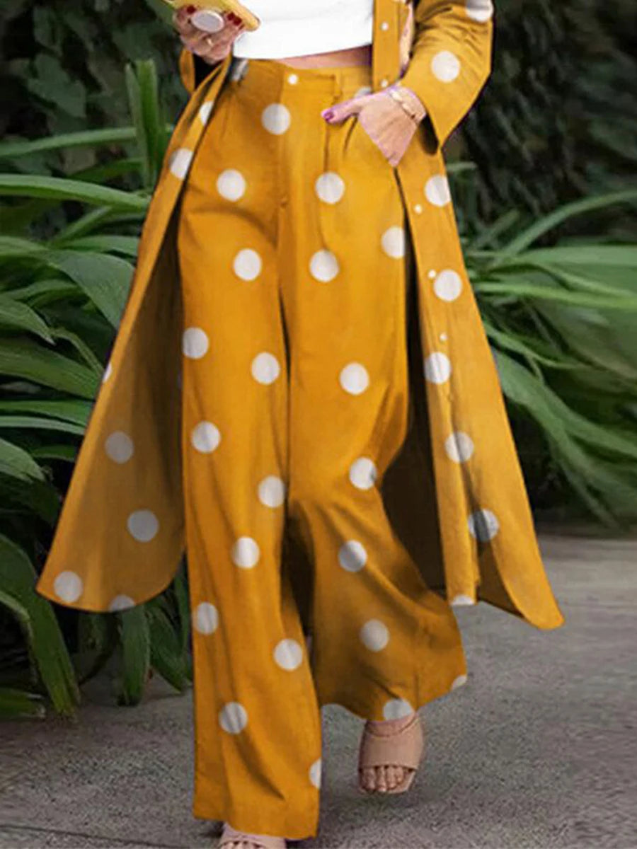 Plus Size Polka Dot Wide Leg Pants Women Summer High Waist Casual Loose Yellow Palazzo Trousers with Pockets Fashion Streetwear