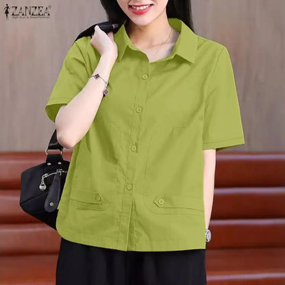 ZANZEA Summer Short Sleeves Woman Shirts Turn-Down Collar Pockets Button Up Casual Chic Tops Fashion Solid Color Chemises Femme