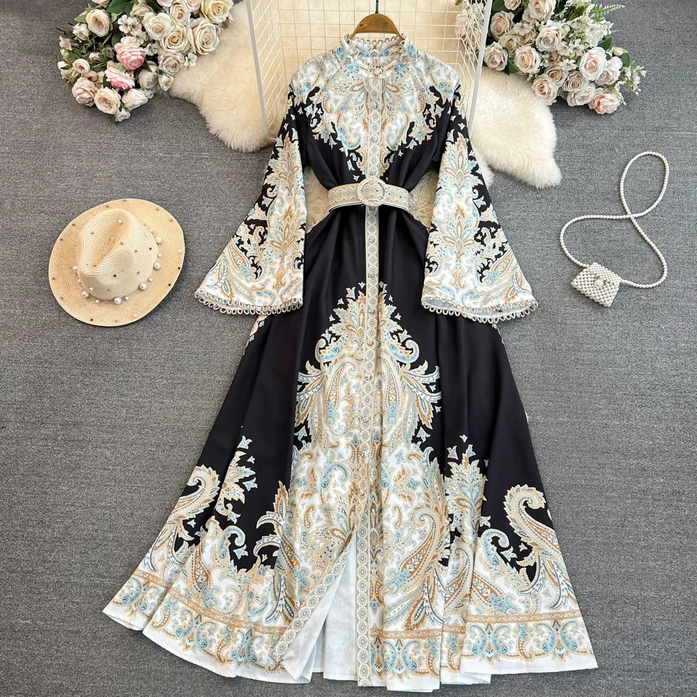 Spring Autumn Women's Dress Vintage Long Sleeve Print Floral High Waist Boho Party Maxi Vestidos Elegant Luxury Long Dresses
