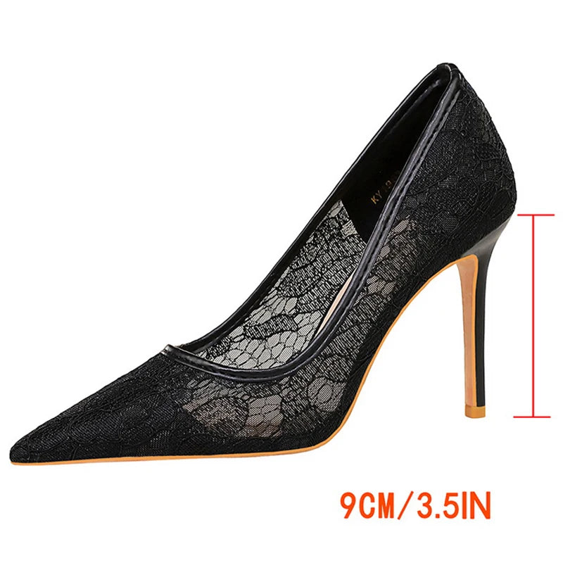 BIGTREE Shoes Women Pumps Black Lace High Heels Sexy Party Shoes 9 cm Stiletto Heels Nightclub Banquet Shoes Women Heels Size 43