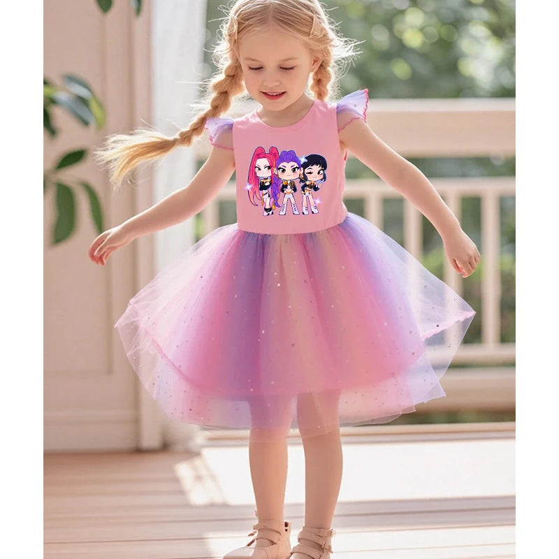 K-Pop Hunters Rumi Baby Girls Dress Children Cartoon Mesh Star Sequins Princess Dress Kids Flying Sleeve Skirt For Birthday Gift