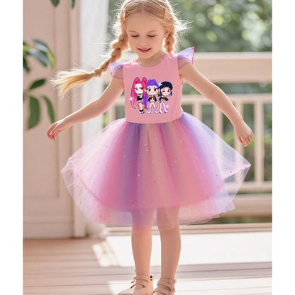 K-Pop Hunters Rumi Baby Girls Dress Children Cartoon Mesh Star Sequins Princess Dress Kids Flying Sleeve Skirt For Birthday Gift