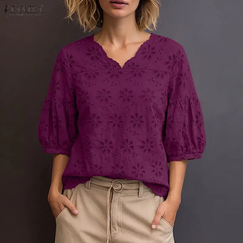 ZANZEA 2026 Eyelet Embroidery Blouses Woman V-Neck Lantern Sleeves Solid Patchwork Tops Summer Casual Vacation Daily Wear Blusas