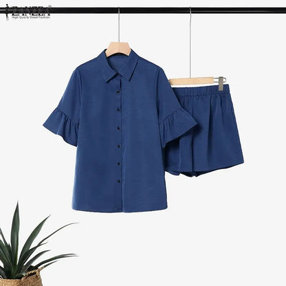 ZANZEA Fashion Women Lapel Neck Half Sleeve Shirt Shorts Sets Summer 2 Pieces Sets Casual Holiday Tracksuit Solid Work Outfits