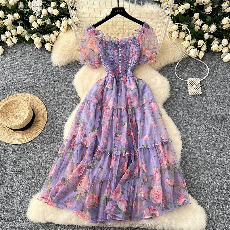 Summer Vintage French Mesh Dress for Women New Waist Cinched Slash Neck Bubble Sleeves Sweet Floral Chiffon Dress Female C146