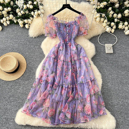 Summer Vintage French Mesh Dress for Women New Waist Cinched Slash Neck Bubble Sleeves Sweet Floral Chiffon Dress Female C146