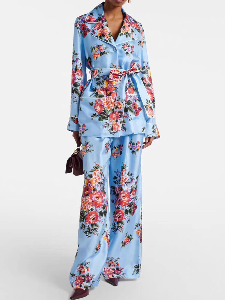 2026 Spring Women's Retro Geometric Printed Pajama Style Shirt Two Piece Set+Elastic Waist Loose Wide Leg Pants Fashion Set