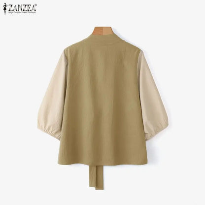 ZANZEA Woman Kimono Tops Stylish Color Blocked Lantern Sleeves Tie-Front Cover-Up 2026 Summer Casual Daily Wear Loose Cardigans