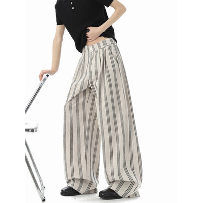 American Retro Striped Cotton Linen Wide Leg Casual Pants Men Summer New Color Collision Loose Match Slimming Floor-Length Pants