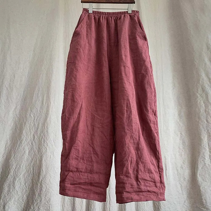 High Quality New Spring Summer Arts Style Women Elastic Waist Loose Ankle-length Pants Solid 100% Linen Casual Harem Pants T425
