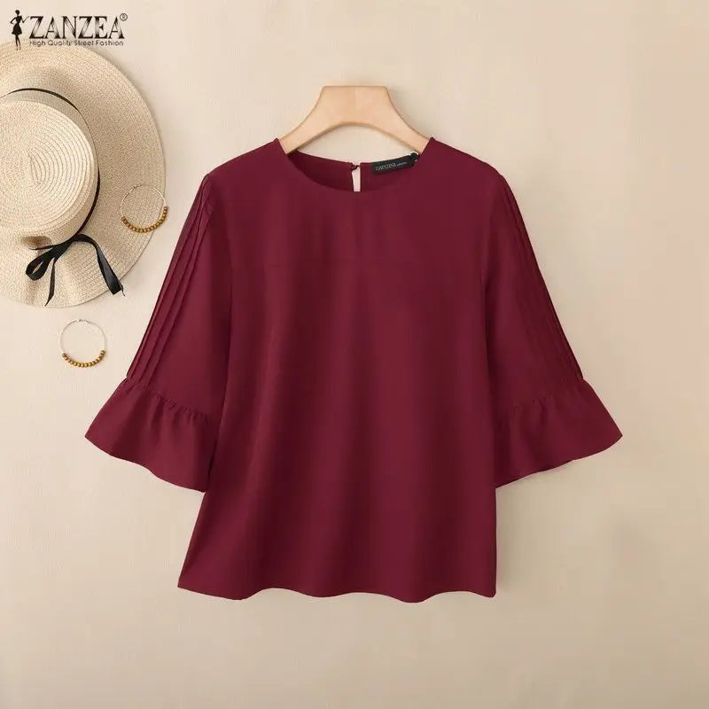 ZANZEA 2026 Woman Casual Effortless Blouses O-Neck Pintuck Detailed 3/4 Flared Sleeve Solid Color Tops Autumn Daily Blusas Mujer