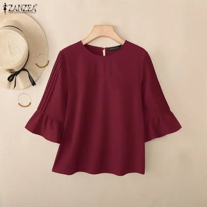 ZANZEA 2026 Woman Casual Effortless Blouses O-Neck Pintuck Detailed 3/4 Flared Sleeve Solid Color Tops Autumn Daily Blusas Mujer