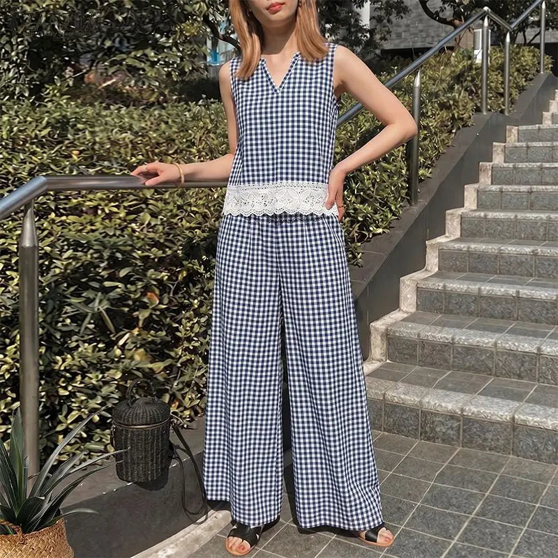 Summer 2PCS Outfits Stylish Women Plaid 2 Pieces Sets ZANZEA V Neck Sleeveless Tanks Tops Wide Leg Pant Sets Elegant Tracksuit