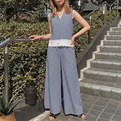 Summer 2PCS Outfits Stylish Women Plaid 2 Pieces Sets ZANZEA V Neck Sleeveless Tanks Tops Wide Leg Pant Sets Elegant Tracksuit