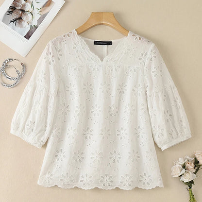ZANZEA 2026 Eyelet Embroidery Blouses Woman V-Neck Lantern Sleeves Solid Patchwork Tops Summer Casual Vacation Daily Wear Blusas
