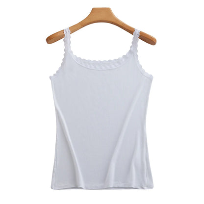 Summer Knitted Ribbed Camisole for Women with Lace Trim, Slim Fit, Suitable for Outerwear or as a Base Layer