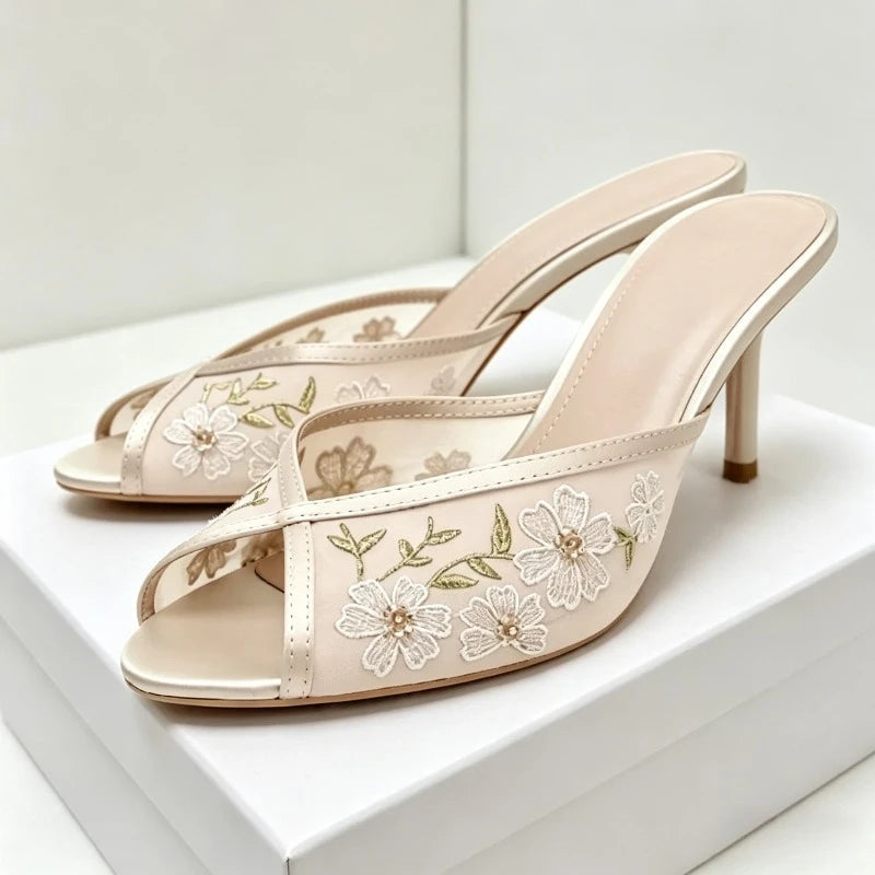 Hand Embroidered Floral Detail Mesh Women's Slippers Sexy Peep-toe Heeled Sandals for Ladies Summer Street Style Designer Heels