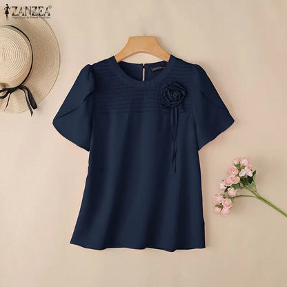 ZANZEA Summer Women Blouse Short Sleeve Elegant Flower Pleated O Neck Casual OL Work Tunic Tops Casual Blusas Streetwear