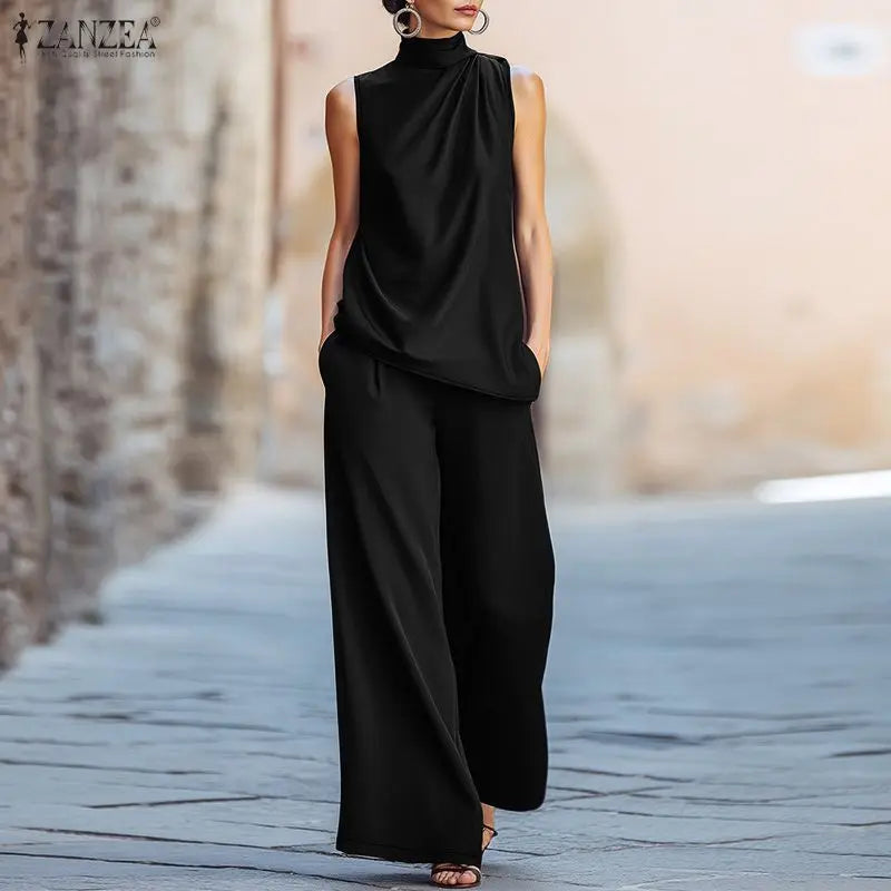 ZANZEA Women Minimalist 2pcs Matching Pant Sets Turtleneck Sleeveless Tops & Wide Leg Pants Suits Summer Commute 2 Piece Outfits