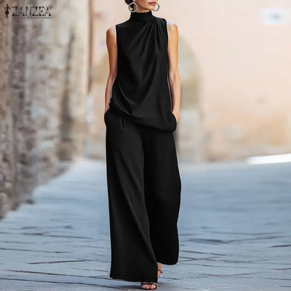 ZANZEA Women Minimalist 2pcs Matching Pant Sets Turtleneck Sleeveless Tops & Wide Leg Pants Suits Summer Commute 2 Piece Outfits